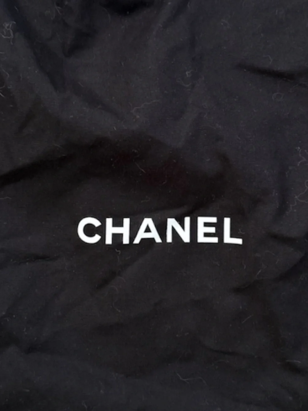 CHANEL Black Drawstring Dust Pouch White Logo Side Tie Small